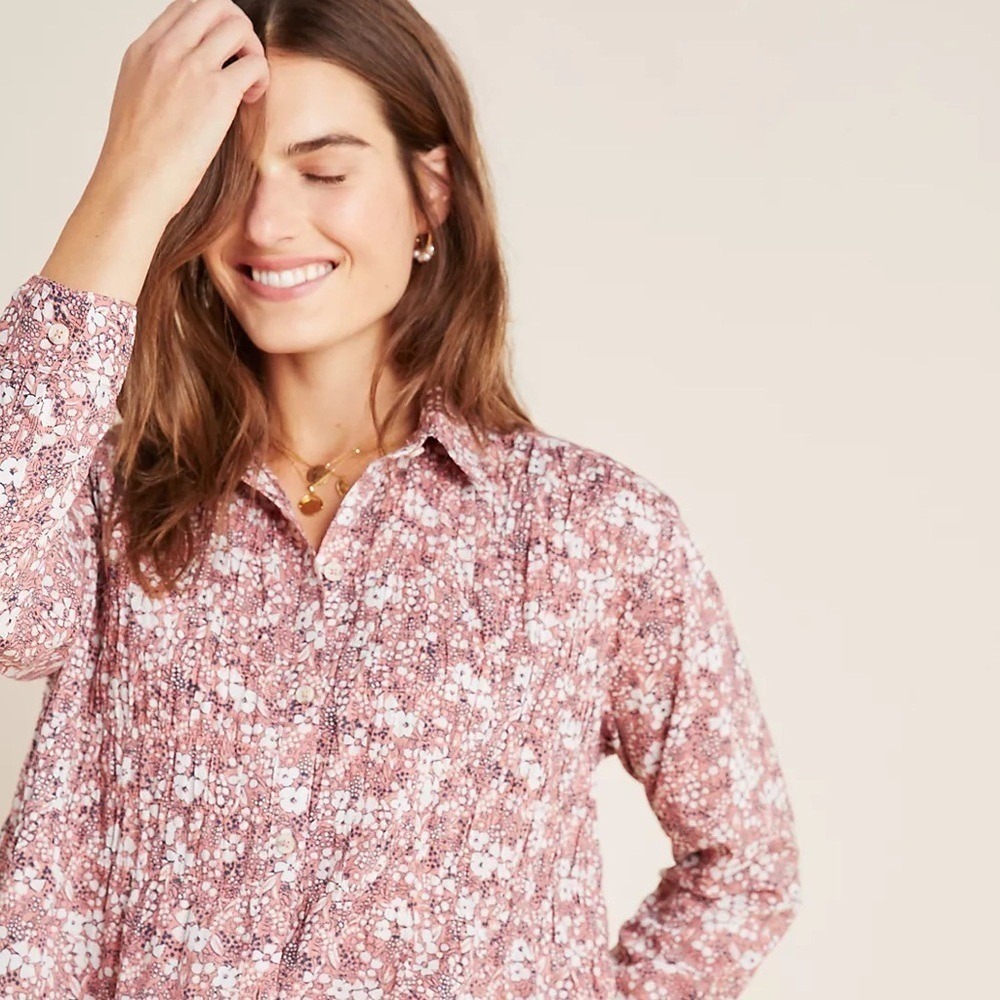 Pilcro Anthropologie Sasha Smocked Boyfriend‎ Blouse Women's XS Pink Boho Hippie